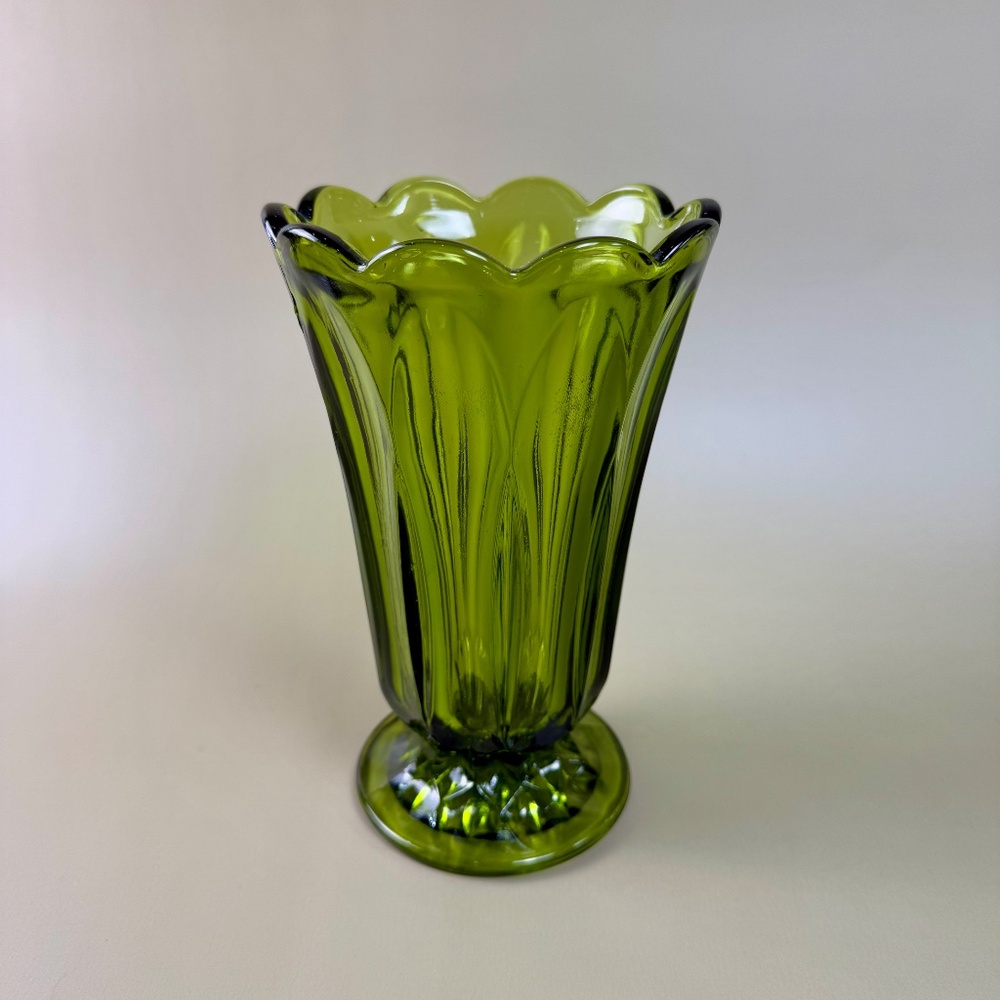 Vintage Indiana Glass Vase | Colonial Green Panel Optic | Scalloped Pedestal